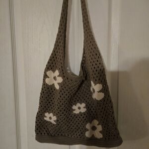 Brown Crochet Floral Knit Tote Bag - Cream Flower Accents